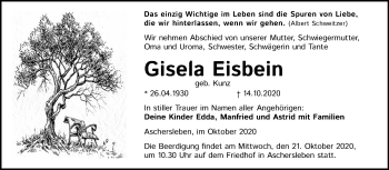 Traueranzeige von Gisela Eisbein von Mitteldeutsche Zeitung Aschersleben