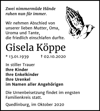 Traueranzeige von Gisela Köppe von Mitteldeutsche Zeitung Quedlinburg