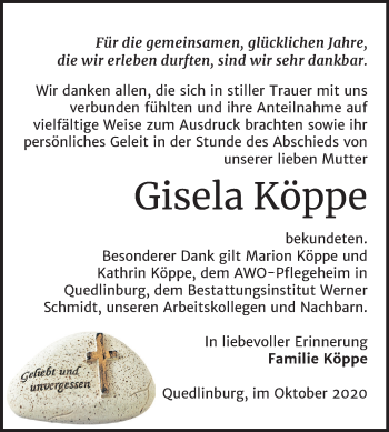 Traueranzeige von Gisela Köppe von Super Sonntag Quedlinburg