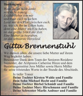 Traueranzeige von Gitta Brennenstuhl von Mitteldeutsche Zeitung Aschersleben