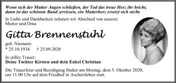 Traueranzeige von Gitta Brennenstuhl von Super Sonntag Aschersleben