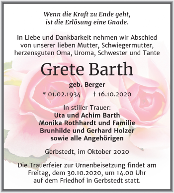 Traueranzeige von Grete Barth von Mitteldeutsche Zeitung Mansfelder Land