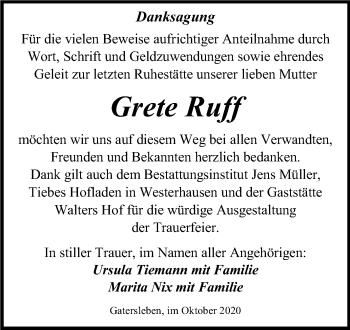 Traueranzeige von Grete Ruff von Super Sonntag Aschersleben