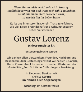Traueranzeige von Gustav Lorenz von Mitteldeutsche Zeitung Bernburg