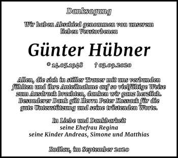 Traueranzeige von Günter Hübner von Super Sonntag Dessau-Roßlau
