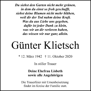 Traueranzeige von Günter Klietsch von Mitteldeutsche Zeitung Bitterfeld