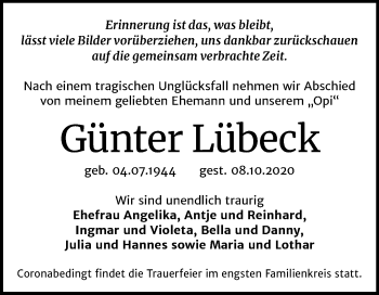 Traueranzeige von Günter Lübeck von Mitteldeutsche Zeitung Bernburg