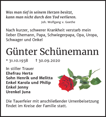 Traueranzeige von Günter Schünemann von Mitteldeutsche Zeitung Bernburg