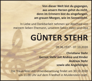 Traueranzeige von Günter Stehr von Wochenspiegel Bitterfeld