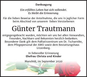 Traueranzeige von Günter Trautmann von Mitteldeutsche Zeitung Mansfelder Land