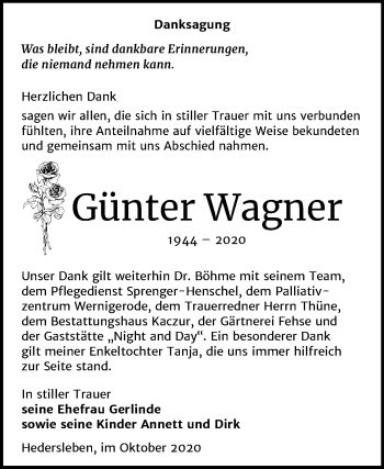 Traueranzeige von Günter Wagner von Wochenspiegel Quedlinburg