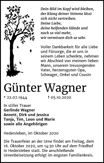 Traueranzeige von Günter Wagner von Mitteldeutsche Zeitung Quedlinburg