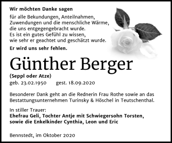 Traueranzeige von Günther Berger von Mitteldeutsche Zeitung Halle/Saalkreis