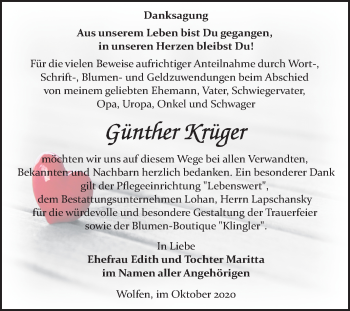 Traueranzeige von Günther Krüger von Wochenspiegel Bitterfeld