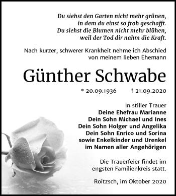 Traueranzeige von Günther Schwabe von Wochenspiegel Bitterfeld