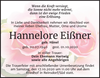 Traueranzeige von Hannelore Eißner von Super Sonntag Wittenberg