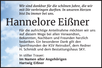 Traueranzeige von Hannelore Eißner von Mitteldeutsche Zeitung Wittenberg