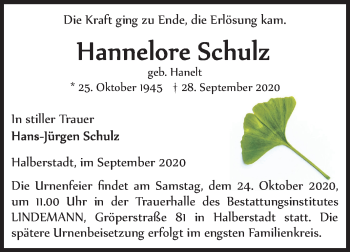 Traueranzeige von Hannelore Schulz von Mitteldeutsche Zeitung Quedlinburg