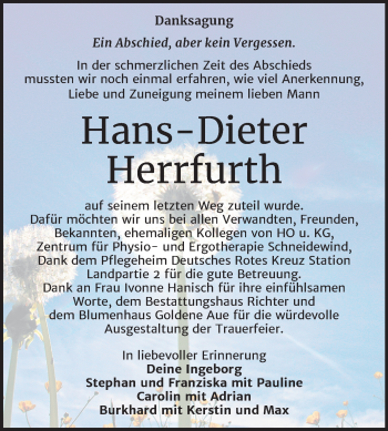 Traueranzeige von Hans-Dieter Herrfurth von Wochenspiegel Sangerhausen