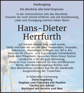 Traueranzeige von Hans-Dieter Herrfurth von Mitteldeutsche Zeitung Sangerhausen
