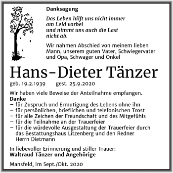 Traueranzeige von Hans-Dieter Tänzer von Mitteldeutsche Zeitung Mansfelder Land