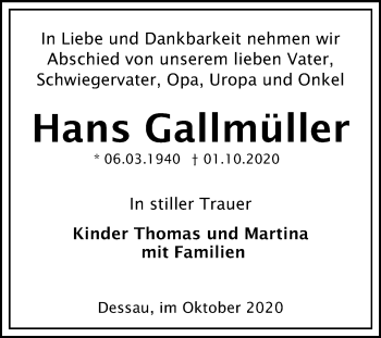 Traueranzeige von Hans Gallmüller von Super Sonntag Dessau-Roßlau