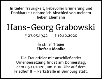 Traueranzeige von Hans-Georg Grabowski von Mitteldeutsche Zeitung Bernburg