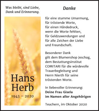 Traueranzeige von Hans Herb von Wochenspiegel Weißenfels
