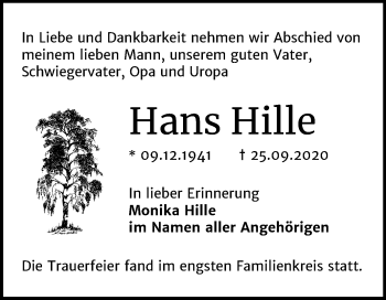 Traueranzeige von Hans Hille von Mitteldeutsche Zeitung Halle/Saalkreis