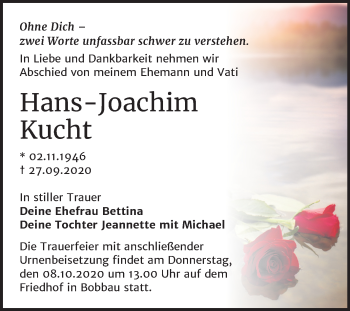 Traueranzeige von Hans-Joachim Kucht von Wochenspiegel Bitterfeld
