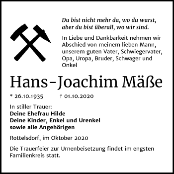 Traueranzeige von Hans-Joachim Mäße von Mitteldeutsche Zeitung Mansfelder Land