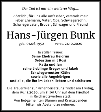 Traueranzeige von Hans-Jürgen Bunk von Mitteldeutsche Zeitung Weißenfels
