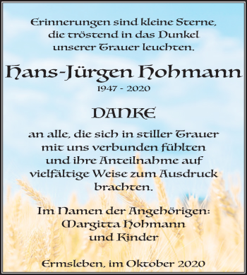 Traueranzeige von Hans-Jürgen Hohmann von Mitteldeutsche Zeitung Quedlinburg