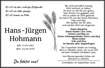 Traueranzeige von Hans-Jürgen Hohmann von Super Sonntag Quedlinburg
