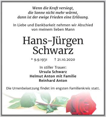 Traueranzeige von Hans-Jürgen Schwarz von Mitteldeutsche Zeitung Halle/Saalkreis