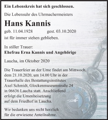Traueranzeige von Hans Kannis von Mitteldeutsche Zeitung Naumburg/Nebra