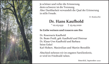 Traueranzeige von Hans Kaufhold von Mitteldeutsche Zeitung Bitterfeld