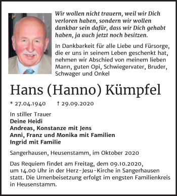 Traueranzeige von Hans Kümpfel von Mitteldeutsche Zeitung Sangerhausen
