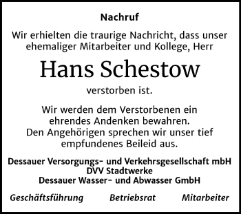 Traueranzeige von Hans Schestow von Mitteldeutsche Zeitung Dessau-Roßlau