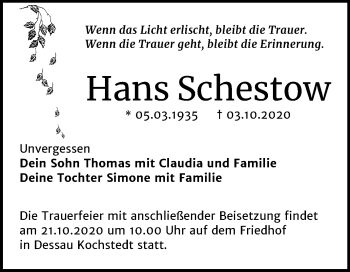 Traueranzeige von Hans Schestow von Mitteldeutsche Zeitung Dessau-Roßlau