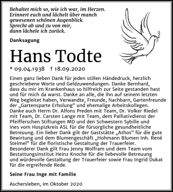 Traueranzeige von Hans Todte von Super Sonntag Aschersleben