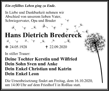 Traueranzeige von Hans Dietrich Bredereck von Mitteldeutsche Zeitung Dessau-Roßlau