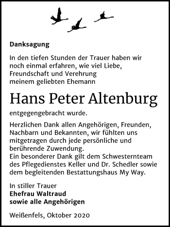 Traueranzeige von Hans Peter Altenburg von Mitteldeutsche Zeitung Weißenfels