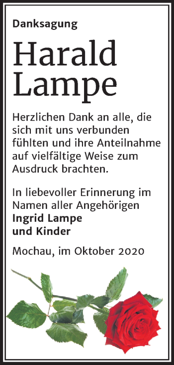 Traueranzeige von Harald Lampe von Mitteldeutsche Zeitung Wittenberg