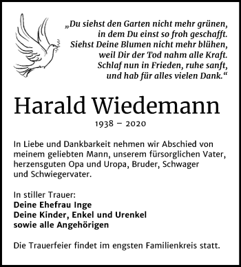 Traueranzeige von Harald Wiedemann von Wochenspiegel Weißenfels