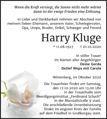 Traueranzeige von Harry Kluge von Super Sonntag Wittenberg