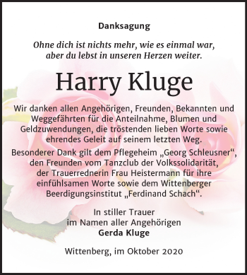 Traueranzeige von Harry Kluge von Super Sonntag Wittenberg