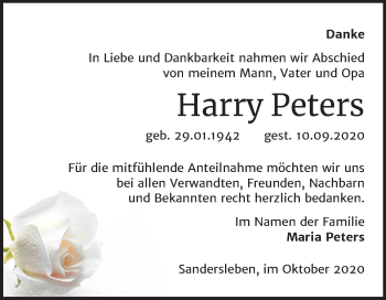 Traueranzeige von Harry Peters von Super Sonntag Mansfelder Land