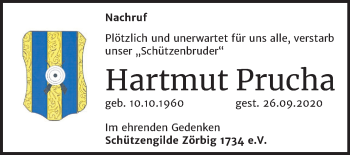 Traueranzeige von Hartmut Prucha von Wochenspiegel Bitterfeld