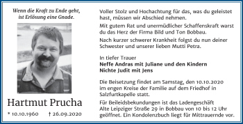 Traueranzeige von Hartmut Prucha von Wochenspiegel Bitterfeld